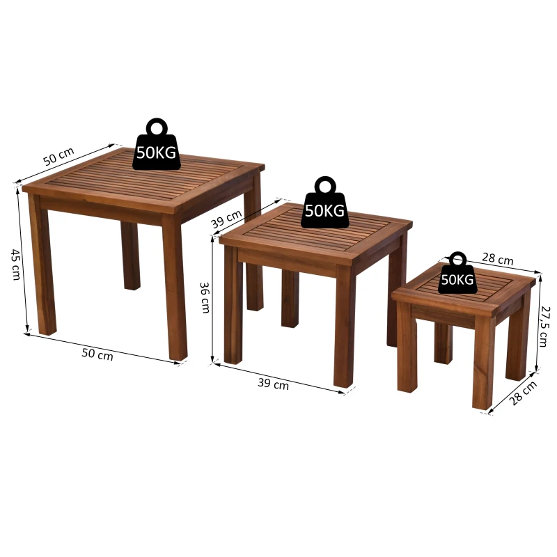Outsunny 3er Set Couchtisch, Stapeltisch, Garten Beistelltisch, Geartentisch, Kaffeetisch, Akazie, Natur, 50 x 50 x 45 cm/39 x 39 x 36 cm/28 x 28 x 27,5 cm