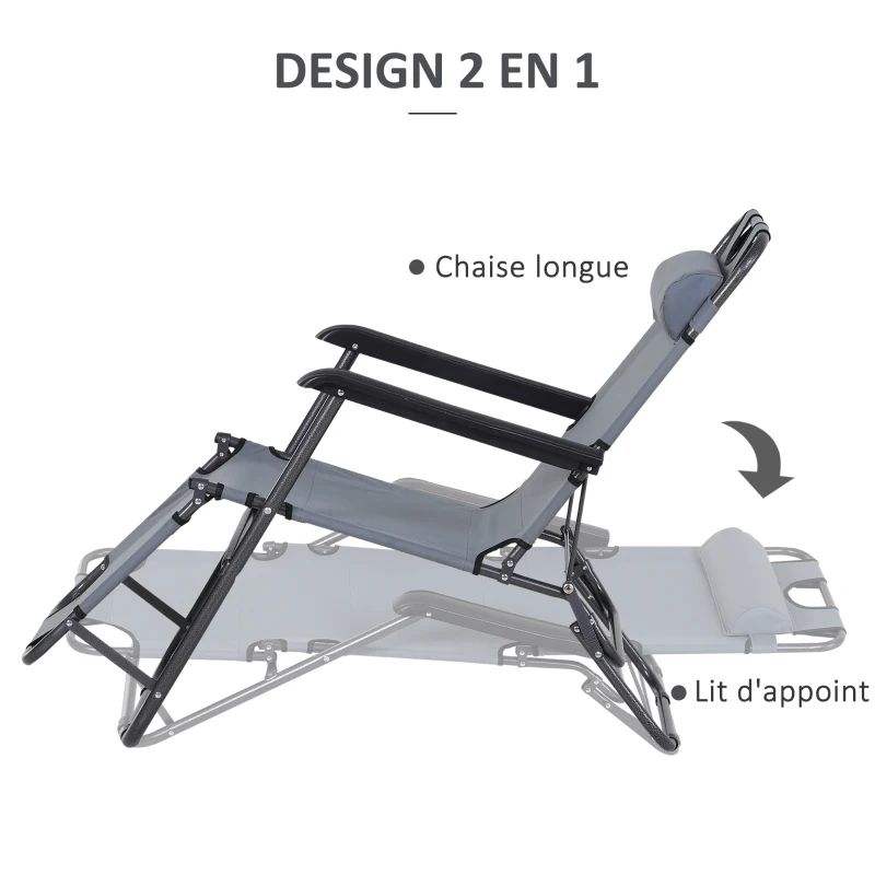 Outsunny Lot de 2 Chaises Longue inclinable transat Bain de Soleil fauteuil relax jardin 2 en 1 Pliant têtière Amovible
