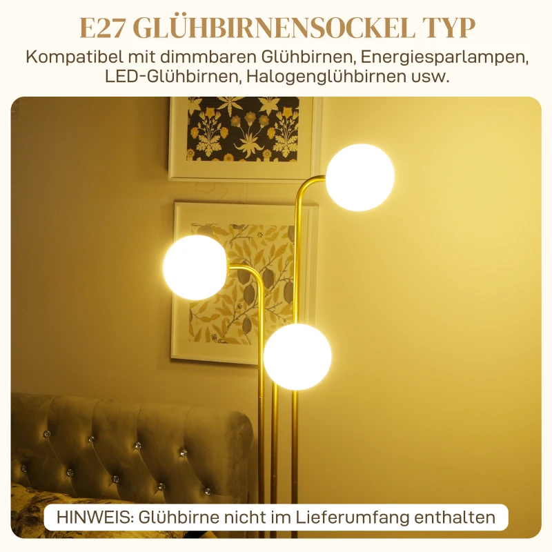 HOMCOM Moderne Stehlampe mit 3 Lampenschirmen, mit Fußschalter, für Wohnzimmer, Schlafzimmer, 3 x E27-Fassung, Goldton
