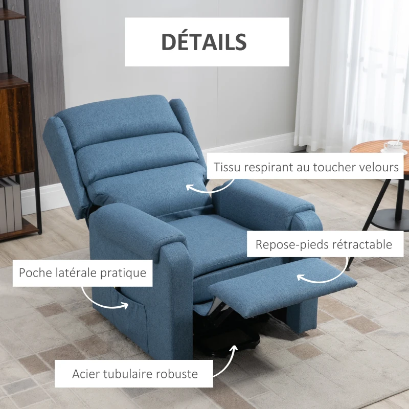 HOMCOM Fauteuil releveur électrique avec repose-pied ajustable et télécommande velours polyester aspect lin bleu