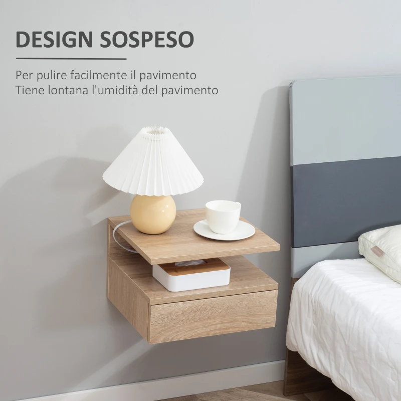 HOMCOM Set da 2 Comodini Moderni Sospesi con Cassetto e Ripiano in Legno 35x32x22.5cm, Rovere