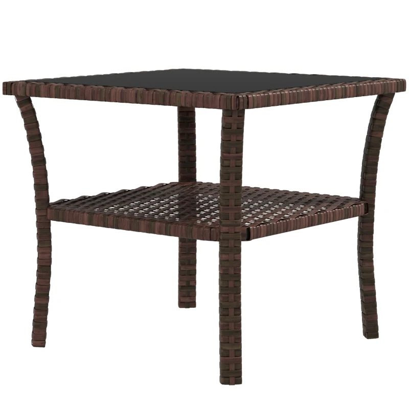Outsunny Mesa de Ratán PE Cuadrada 50x50x45 cm Mesa de Jardín con Estante Encimera de Cristal y Marco de Acero Carga 30 kg Marrón