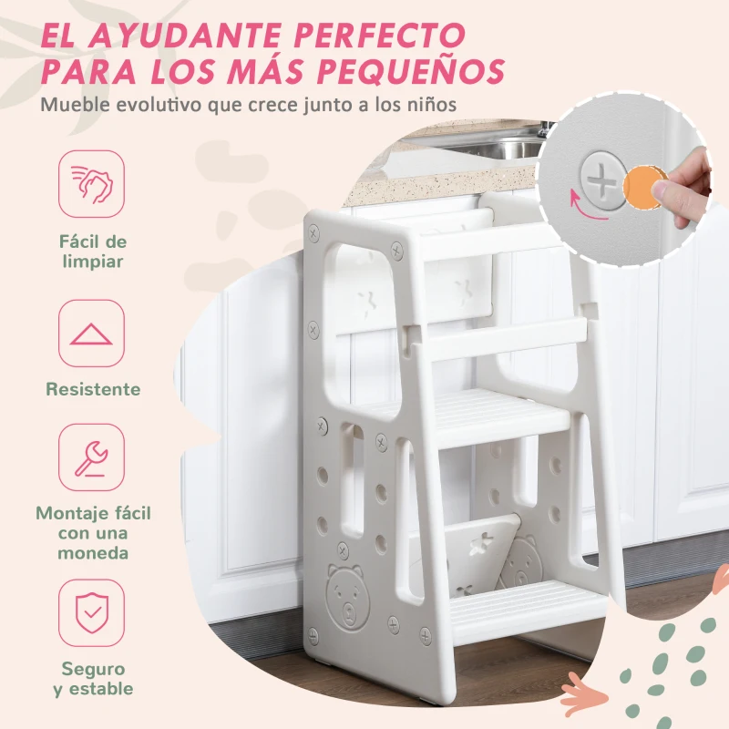 HOMCOM Torre de Aprendizaje para Niños Taburete Infantil con Altura Ajustable en 3 Posiciones y Plataforma Antideslizante para Cocina Comedor Baño 47x47x90 cm Blanco