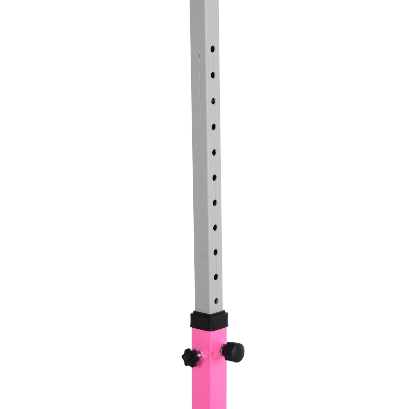 HOMCOM Barre fixe de gymnastique pour enfant, hauteur réglable 13 niveaux de 92-150 cm, acier et bois en hêtre, barre d'entrainement de gymnastique à domicile, antidérapant, facile à assembler, rose