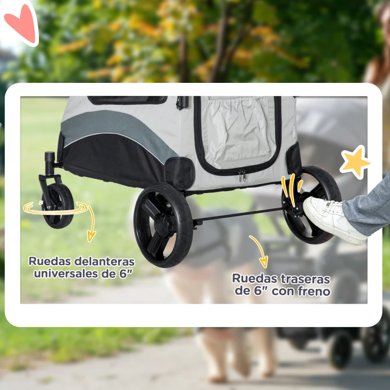 PawHut Carrito para Perros con Ventanas Bolsillo de Almacenaje Correas de Seguridad y 2 Ruedas Universales 107x67x102 cm Gris(m-7)