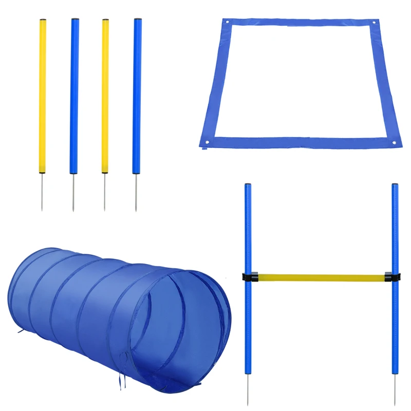 PawHut Set de Entrenamiento de Agilidad para Perros Obstáculos de Salto con Altura Ajustable Túnel para Perros Azul y Amarillo