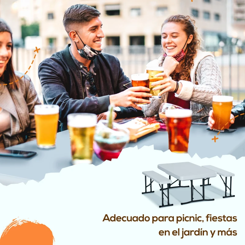 Outsunny Conjunto Mesa y 2 Bancos Plegables de Jardín Muebles para Camping Picnic Multiusos Mesa de 103x63x76 cm y Asiento de 84,5x20x40 cm Blanco