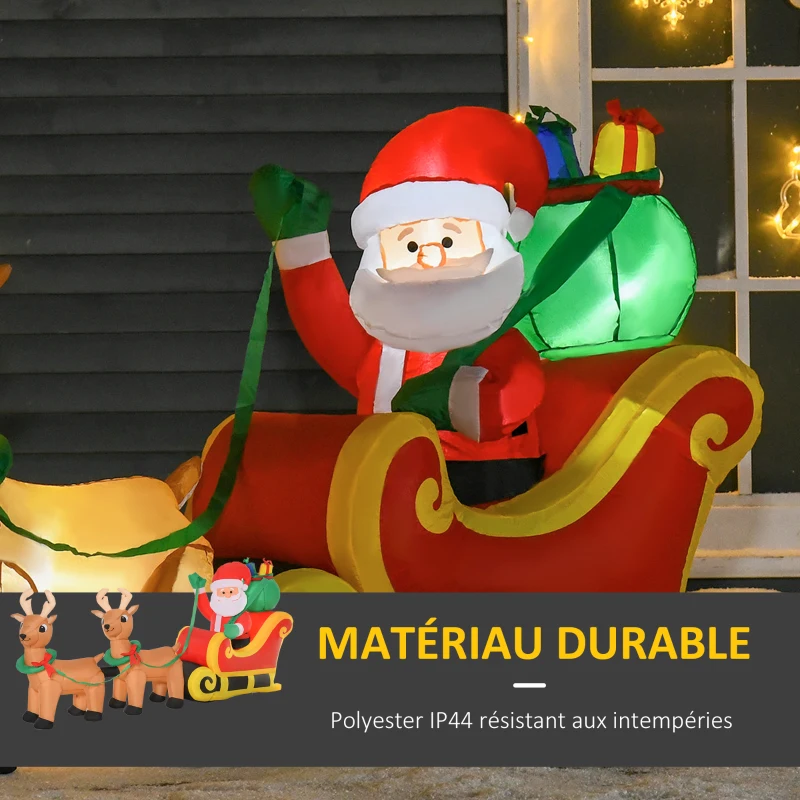 HOMCOM Père Noël Gonflable LED dim. 240L x 57l x 112H cm avec traîneau, Rennes, hotte 6 LED Polyester imperméable
