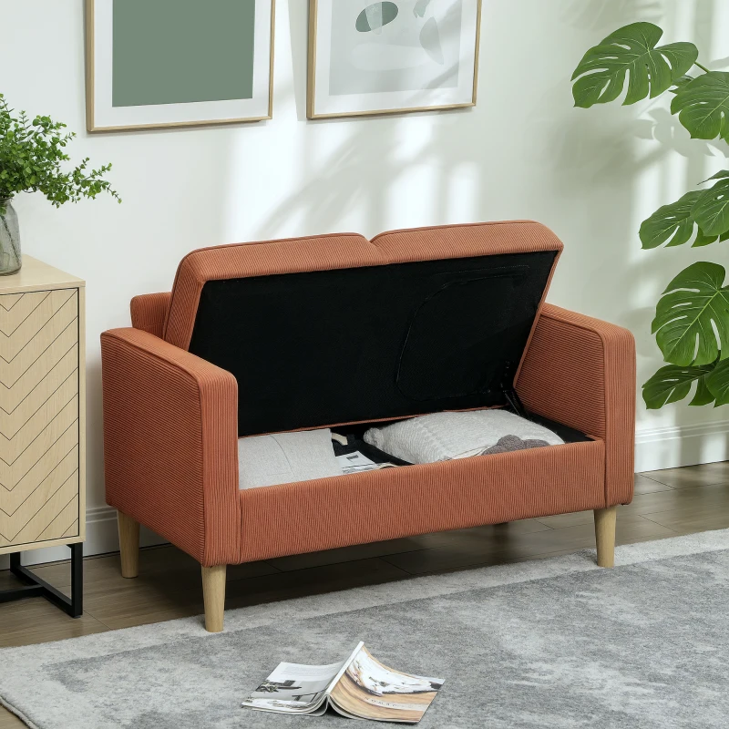 HOMCOM Zweisitzer-Sofa mit Stauraum und soliden Holzbeinen, für Wohnzimmer, Schlafzimmer, 117 x 63 x 79 cm, Orange(m-8)