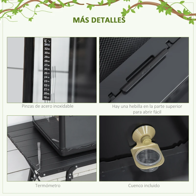 PawHut Terrario para Reptiles Caja de Alimentación de Insectos de Acrílico con Comedero Termómetro 2 Portalámparas E27 e Interruptor para Lagarto Camaleón 60x40x40,5 cm Negro