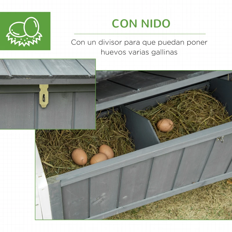 PawHut Gallinero de Madera Exterior Jaula para 2-3 Gallinas con Corral de Alambre Nido Techo Asfáltico Bandeja Extraíble 2 Perchas y Rampa 209,5x96x123 cm Gris Azulado