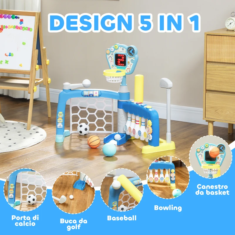 AIYAPLAY Gioco per Bambini 5 in 1 per Calcio, Basket, Golf, Baseball e Bowling, in PP e ABS, 88.6x38.7x60.4-68 cm