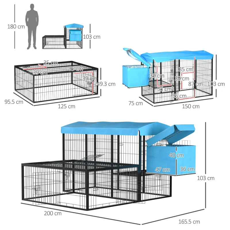 PawHut Pollaio da Giardino Componibile per 6-10 Galline con Gabbie in Metallo e Copertura in Poliestere, Blu
