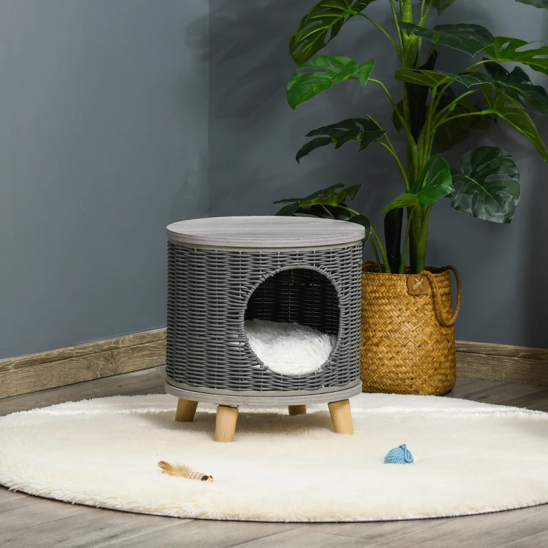 PawHut Cueva para Gatos de Ratán Ø36x40,5 cm Cesta para Gatos Rolliza con Cojín Lavable Plataforma y Patas de Madera de Pino Extraíble Gris