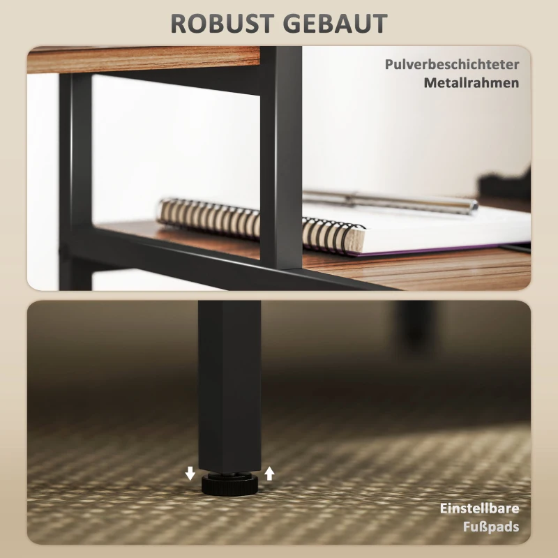 HOMCOM Biurko komputerowe z podwyższeniem monitora, 4-poziomowymi półkami, design industrialny, Brązowe