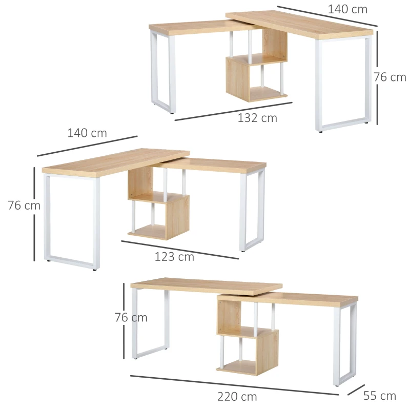 HOMCOM 360° Rotating Corner Desk L-Shaped Dining Table with Storage Shelf Workstation Writing Table Home Office Oak Tone