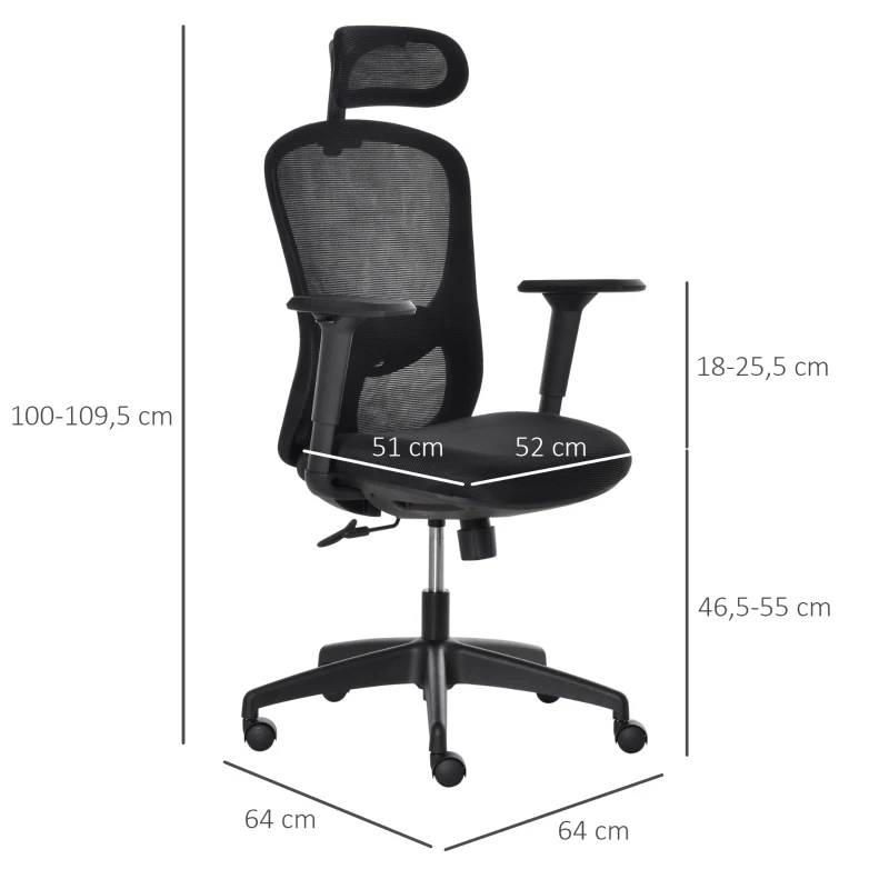 Vinsetto Bürostuhl mit Wippenfunktion Kopflehne Home-Office-Stuhl höhenverstellbarer Schreibtischstuhl ergonomisch 360°-Drehräder Schaumstoff Nylon Schwarz 64 x 64 x 100-109,5 cm