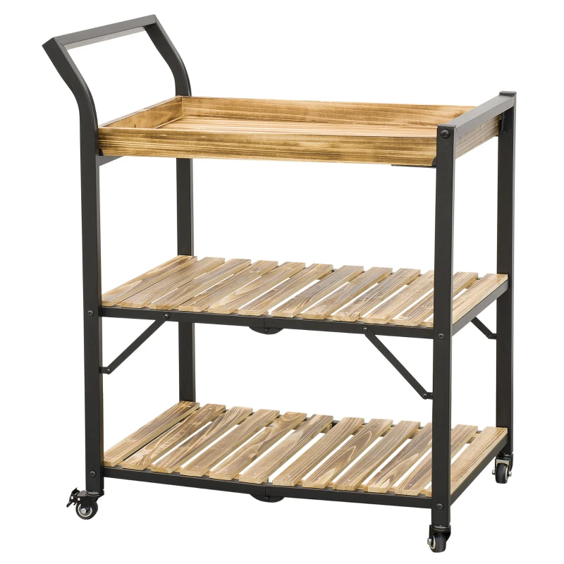 Outsunny Outdoor-Servierwagen, drei Ebenen, vier Räder, Stahlrahmen, Naturholz, 79 x 50 x 90cm