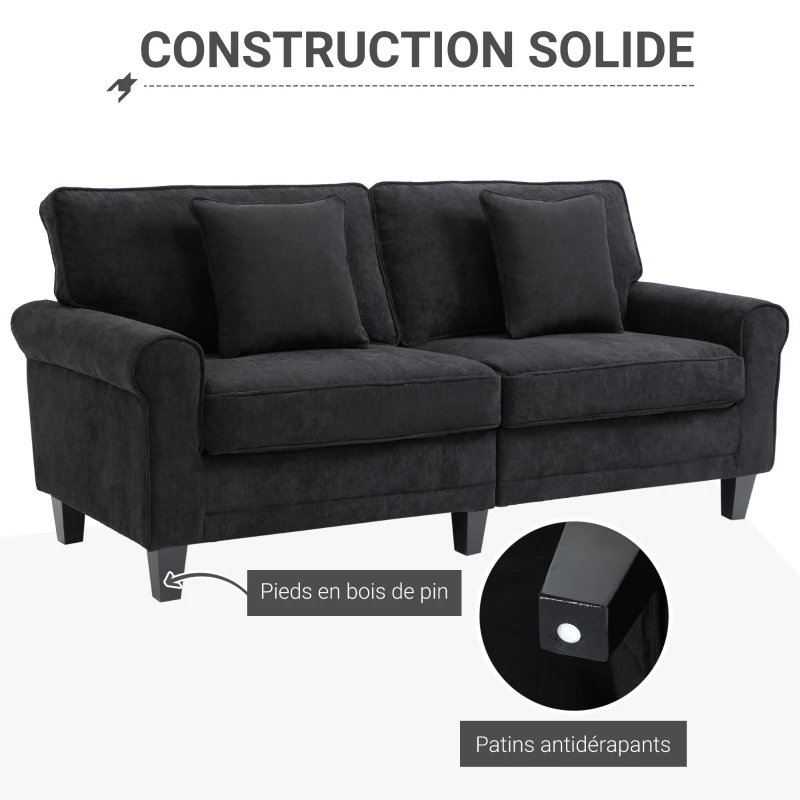 HOMCOM Canapé 3 places en tissu velours côtelé 197 cm  avec accoudoirs et dossier rembourrées 2 oreillers noir