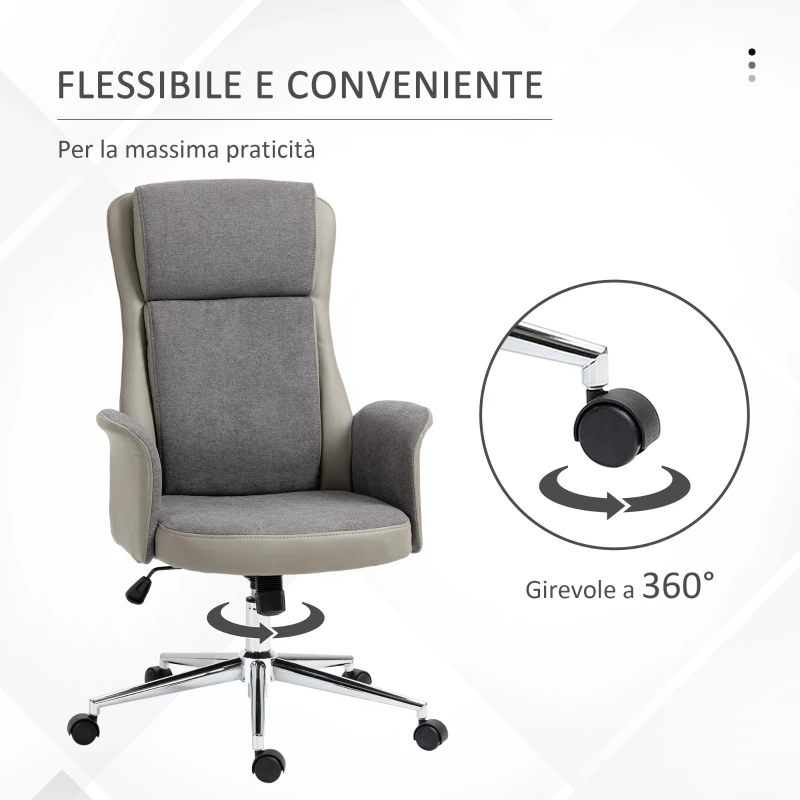 Vinsetto Sedia da Ufficio Elegante a 2 Tessuti, Sedia Ergonomica ad Altezza Regolabile, 65x72x108-118 cm, Grigia