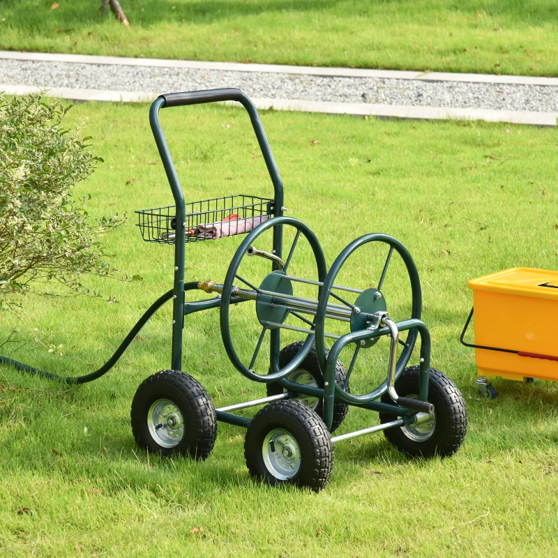 Outsunny Schlauchwagen für Gartenschlauch max. 70 m (Ø15 mm Schlauch) mit Aufbewahrungskorb Stahl Nylon 83 x 60 x 92,5 cm