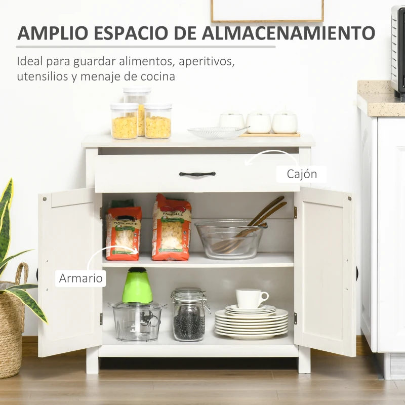 HOMCOM Aparador de Cocina con Cajón 2 Puertas y Estante Interior Mueble Auxiliar Decorativo 80x39,7x80 cm Blanco Lavado