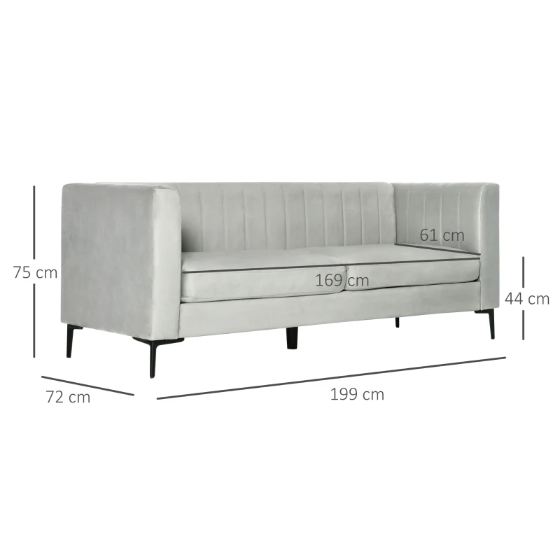 HOMCOM Divano 3 Posti in Velluto Grigio con 5 Piedini e Doghe, 199x72x75cm