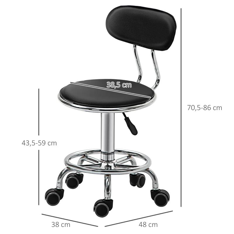 HOMCOM Tabouret à roulettes tabouret de massage pivotant 360° - ergonomique avec dossier - hauteur assise réglable 43,5-59 cm - revêtement synthétique noir et métal chromé