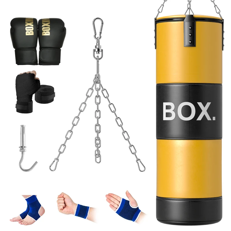 SPORTNOW Saco de Boxeo sin Relleno con Guantes de Boxeo Gancho y Muñequeras y Tobilleras Amarillo