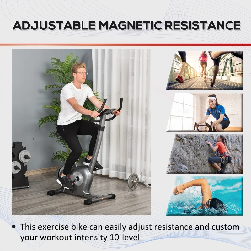 HOMCOM Indoor Magnetic Exercise Bike 10-Level Adjustable Magnetic Resistance Cardio Workout Cycling Bike Trainer, 8kg Flywheel, LCD Display, and Adjustable Seat Height Grey