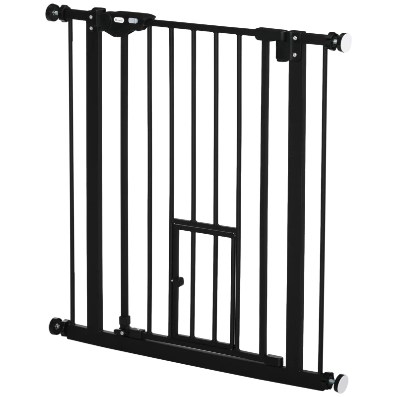 PawHut Barrera de Seguridad Extensible con Puerta Pequeño Cierre Automático y Sistema de Doble Bloqueo 74-80x76,2 cm Negro