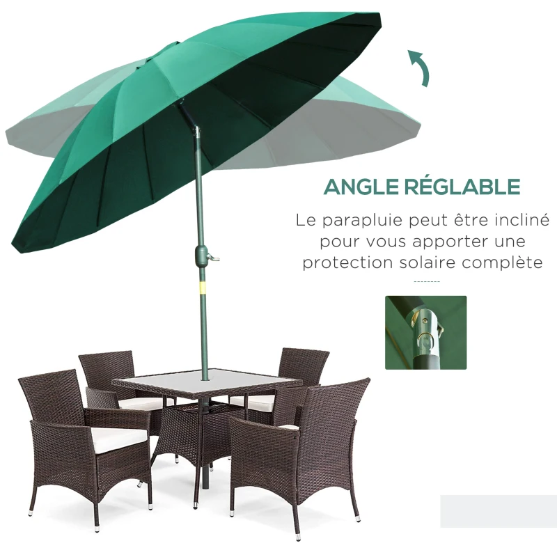 Outsunny Parasol droit parasol de jardin inclinable rond avec 18 baleines manivelle mât en métal fibre de verre Ø 2,5 m polyester haute densité vert