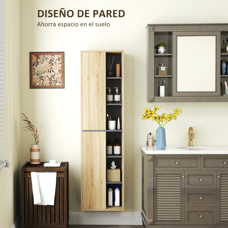 HOMCOM Columna de Baño de Pared Armario de Baño con Compartimentos Abiertos y 2 Puertas 40x24x141,5 cm Natural