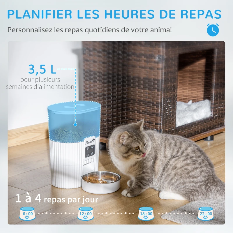 PawHut Distributeur 3.5L automatique de croquettes pour chien chat programmable avec gamelle 4 repas - avec bol en acier inoxydable enregistrement vocal