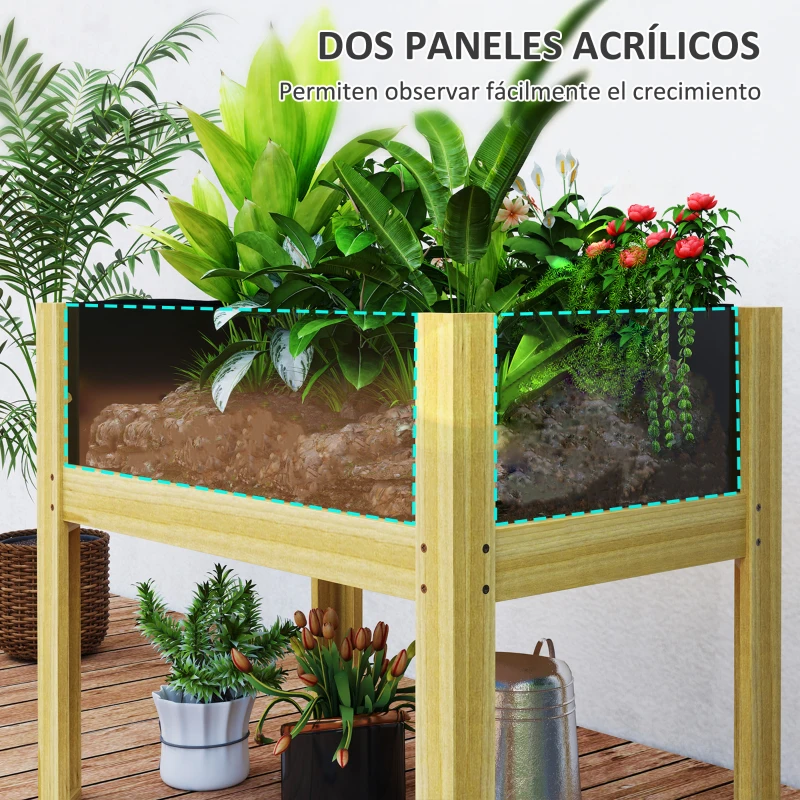 Outsunny Jardinera Elevada de Madera con Paneles Acrílicos para Flores y Vegetales con  Drenaje y Capacidad de 68L 75x46x60,5 cm