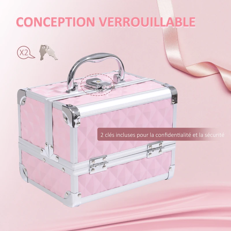 HOMCOM Mallette à maquillage rangement à 3 niveaux avec miroir verrouillage avec 2 clés dim. 20L x 15l x 15H cm rose