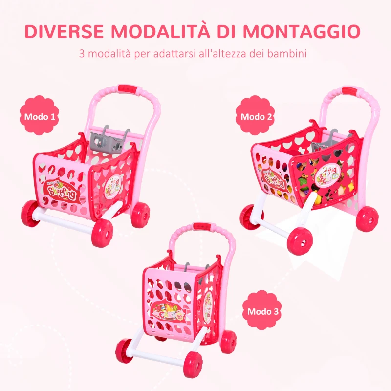 HOMCOM Carrello della Spesa per Bambini In Tre Modalità per Bambini +3 Anni, Carrello Giocattolo per Bambini con 38 Accessori Inclusi, Suoni e Luci Divertenti, Rosa