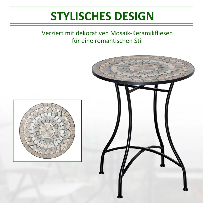 Outsunny Gartentisch Mosaiktisch rund Bistrotisch Beistelltisch mit Mosaikplatte Keramik Metall Grün+Beige+Weiß Ø60 cm