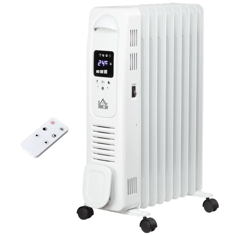 HOMCOM 2000W Digital Oil Filled Radiator, 9 Fin, Portable Electric Heater with LED Display, Timer, 3 Heat Settings, Safety Cut-Off and Remote Control, White