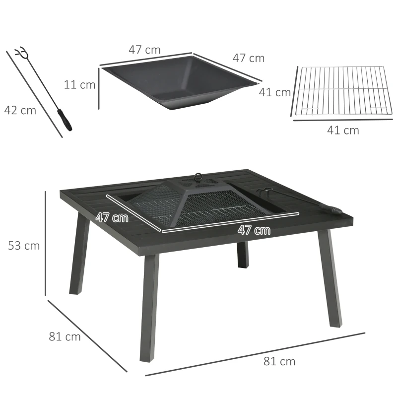 Outsunny Feuerschale Feuertisch mit Schürhaken Funkenschutz Feuerkorb Feuerstelle für Garten Camping BBQ Stahl Schwarz 81 x 81 x 53 cm
