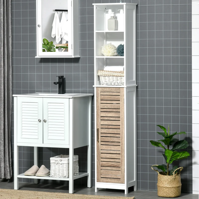 kleankin Meuble colonne rangement de salle de bain bicolore avec étagères et placard porte - dim. 34L x 30l x 172H cm - blanc et aspect bois