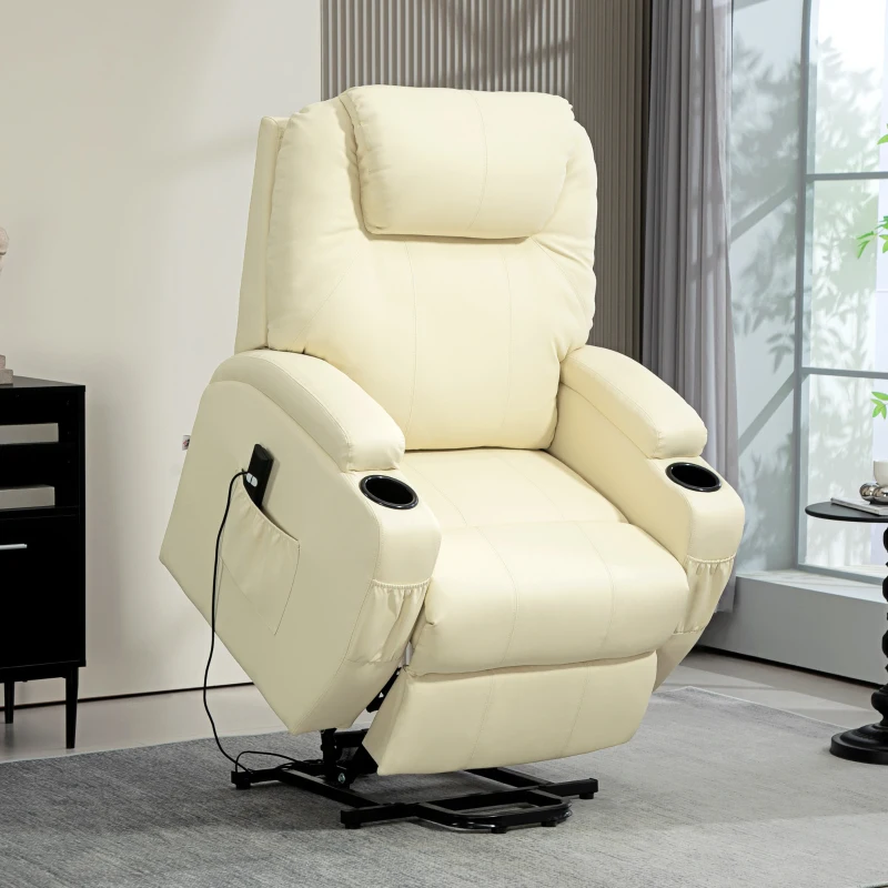 HOMCOM Elektrischer Relaxsessel mit Aufstehhilfe, Liegestuhl, Becherhalter, Kunstleder, Cremeweiß