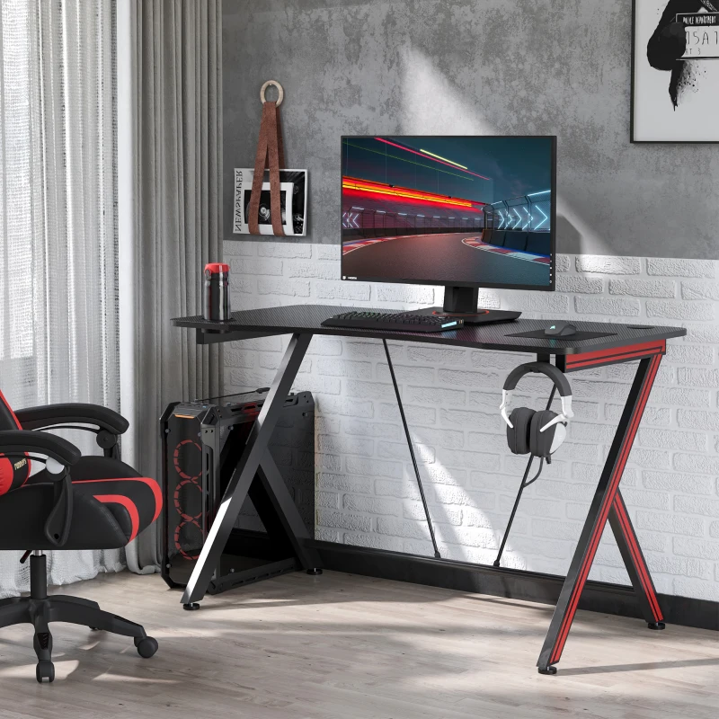 HOMCOM Mesa Gaming 120x60x75 cm Escritorio Ergonómico Gaming Desk para Ordenador PC con Portavasos Gancho para Auriculares y Orificio de Pasacables Efecto de Fibra de Carbono Negro