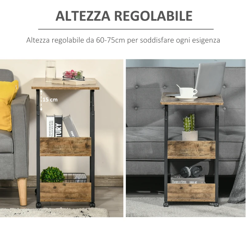 HOMCOM Tavolino da Salotto Stile Industriale, Altezza Regolabile e 4 Ruote con Freno, 80x40x60-75cm