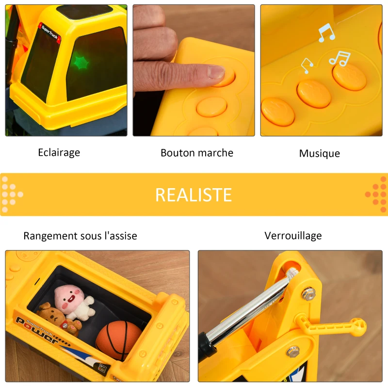 HOMCOM Porteur Enfant tractopelle 2-3 Ans Pelleteuse articulée avec Pince Incluse Effets sonores Lumineux PP Jaune(m-7)