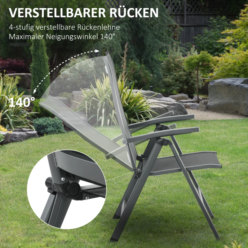 Outsunny Outdoor Sitzgruppe, 4 klappbare Stühle, Tisch mit Glasplatte, verstellbare Rückenlehne, Aluminium, Dunkelgrau