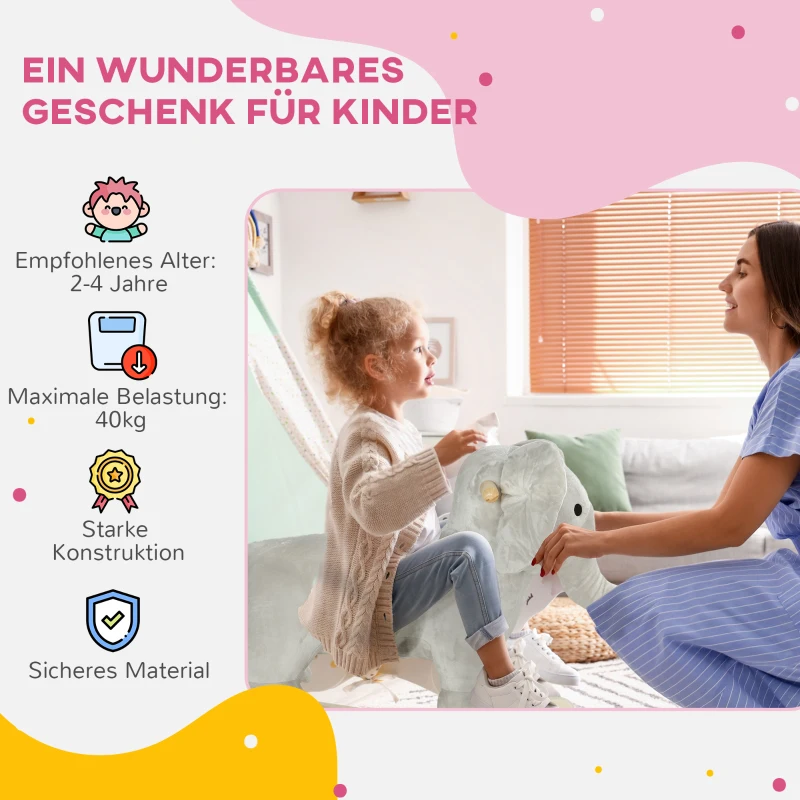 AIYAPLAY Schaukelpferd, Elefant, Soundeffekte, sichere Basis, für 2-4 Jahre, 64,5x31x52 cm, Grau(m-5)