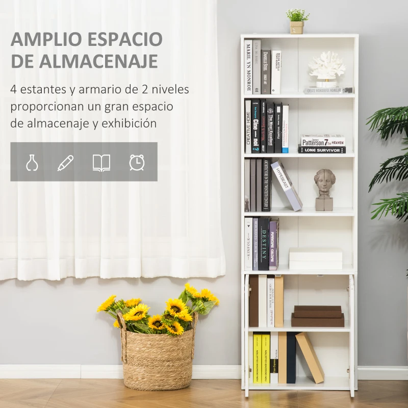 HOMCOM Estantería Librería Armario de Libros con 4 Compartimentos Abiertos y 2 Puertas para Salón Oficina 59x29x180 cm Blanco