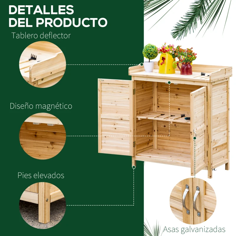 Outsunny Armario de Jardín de Madera Armario Exterior con 2 Puertas Estante Patas Elevadas para Terraza Patio 83x40x92 cm Natural