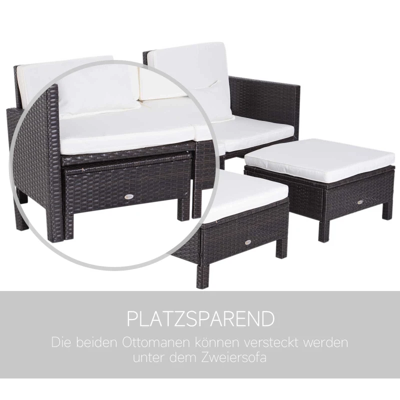 Outsunny 3-tlg. Gartensofa Gartenmöbel Lounge Gartenset Sitzgruppe Rattenmöbel Braun Polyrattan + Metall 2er-Sofa 2 x Hocker Kissen